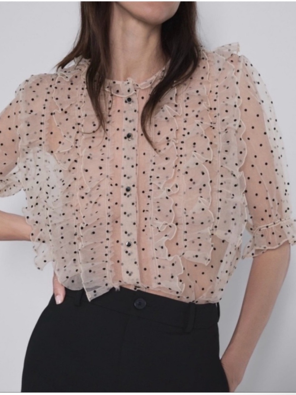 Zara Patrice Sheer Ruffle Polka Dot Blouse - Nude/Black NWT Medium